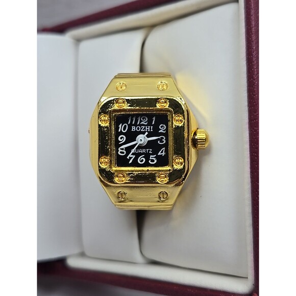 Bozhi Gold Tone Quartz Ring Watch Black Dial New Battery Retro Stretch Accessory - Picture 1 of 10